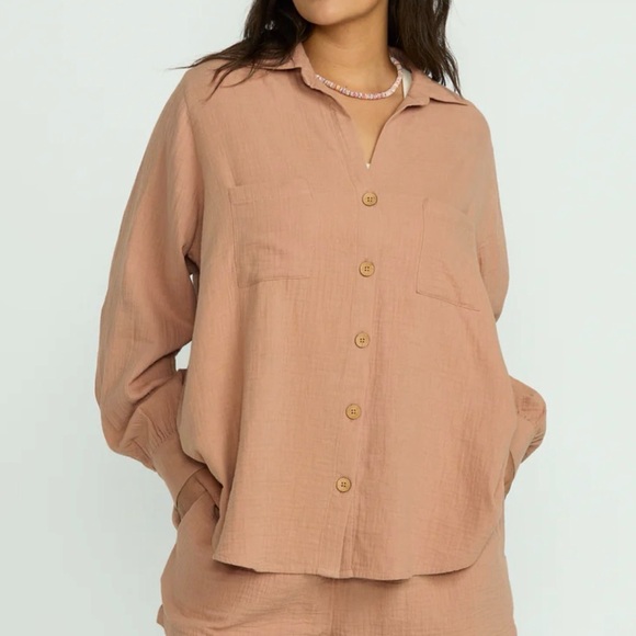 BILLABONG ORANGE CRINKLE GAUZE BUTTON FRONT LONG SLEEVE BLOUSE WOMENS SMALL - Picture 10 of 12